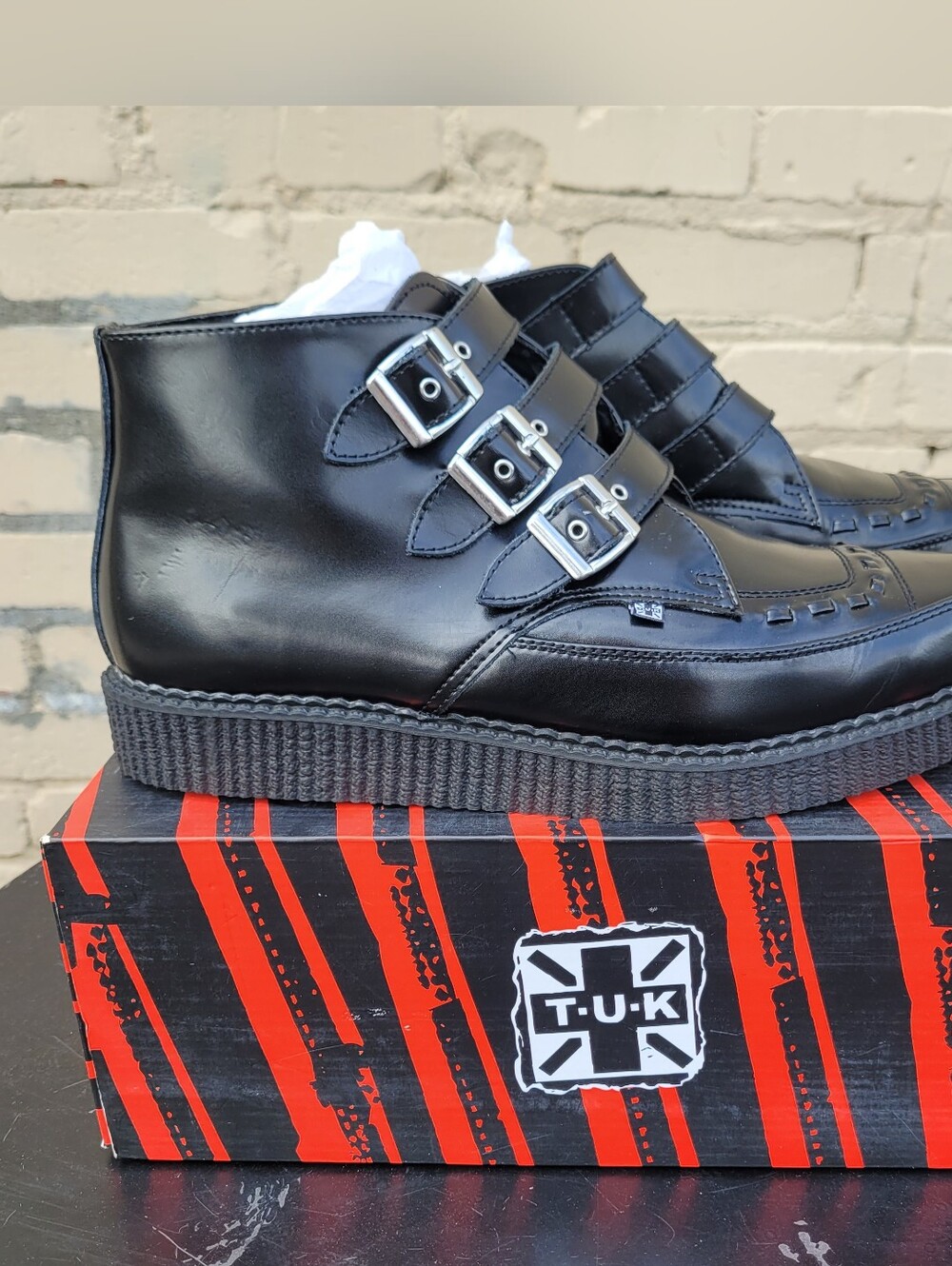 T.U.K. Creeper 3 Buckle Black Boots M13 W15 Punk Goth UK Vegan
